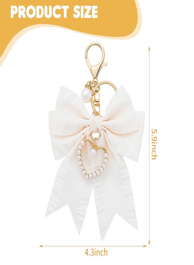Clofiak Bow Purse Charms, Cute Bow Backpack Keychains for Women, Pearl Wristlet Keychain(Beige) - Image 2